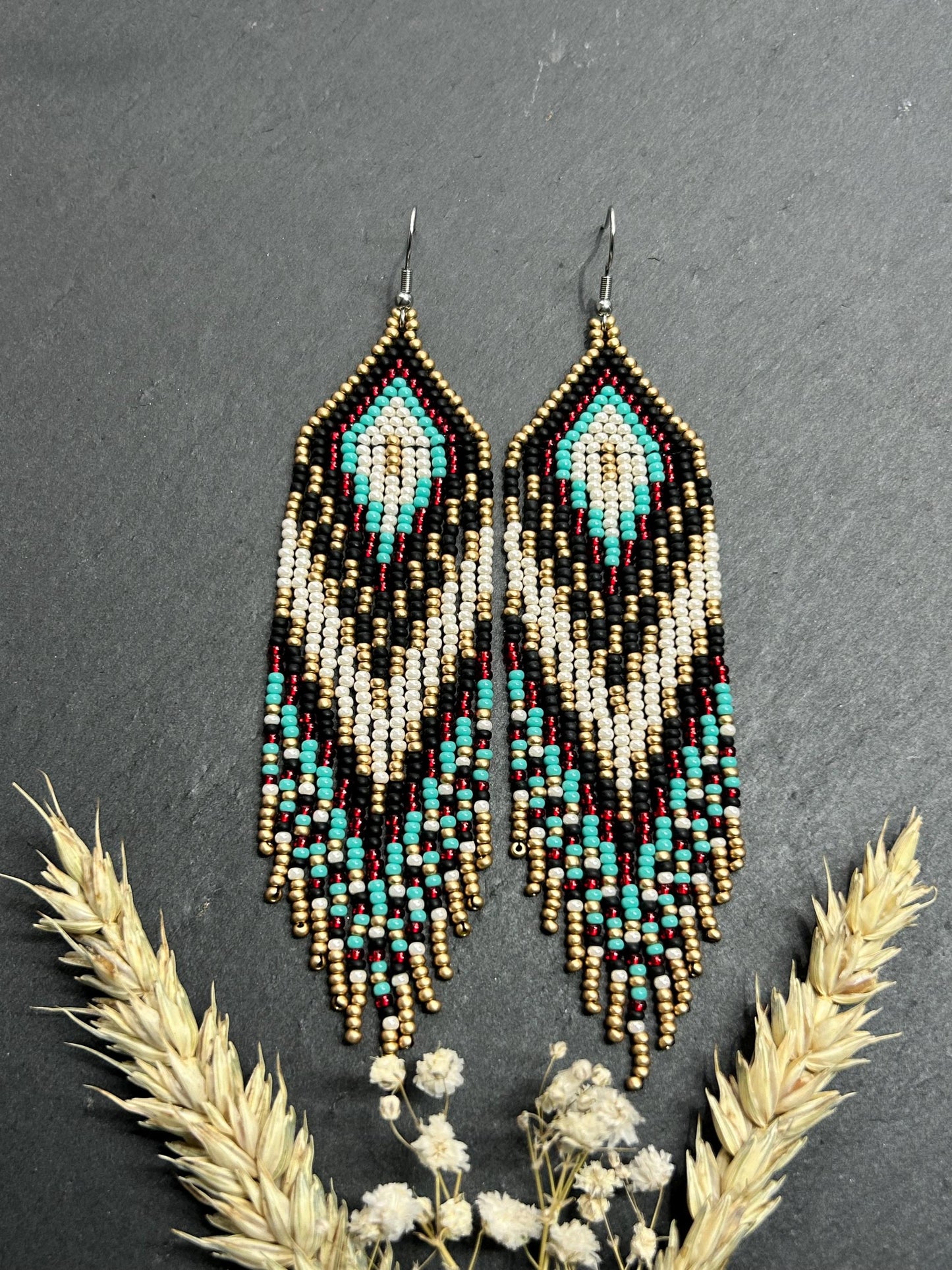 Long Native style beaded earrings with fringe in black, copper, turquoise and red. Handmade ethnic boho jewelry that adds movement and unique style image 10