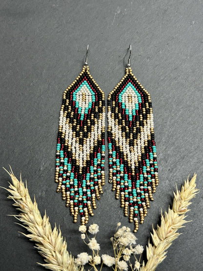 Long Native style beaded earrings with fringe in black, copper, turquoise and red. Handmade ethnic boho jewelry that adds movement and unique style image 10