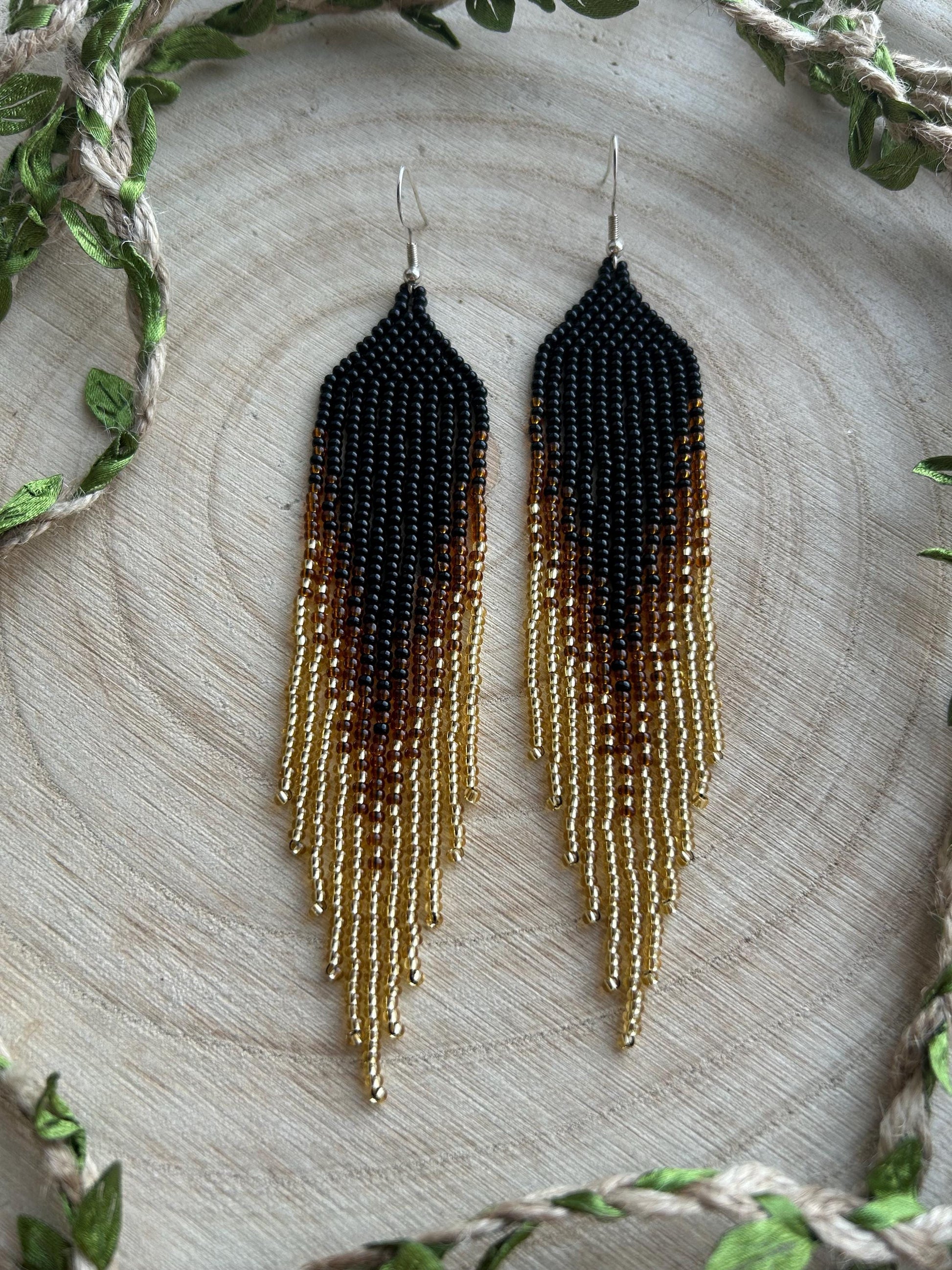 Handmade black beaded earrings with gold ombre and boho fringe. Unique statement jewelry with elegant shimmer, perfect gift for lovers of artisan style image 7