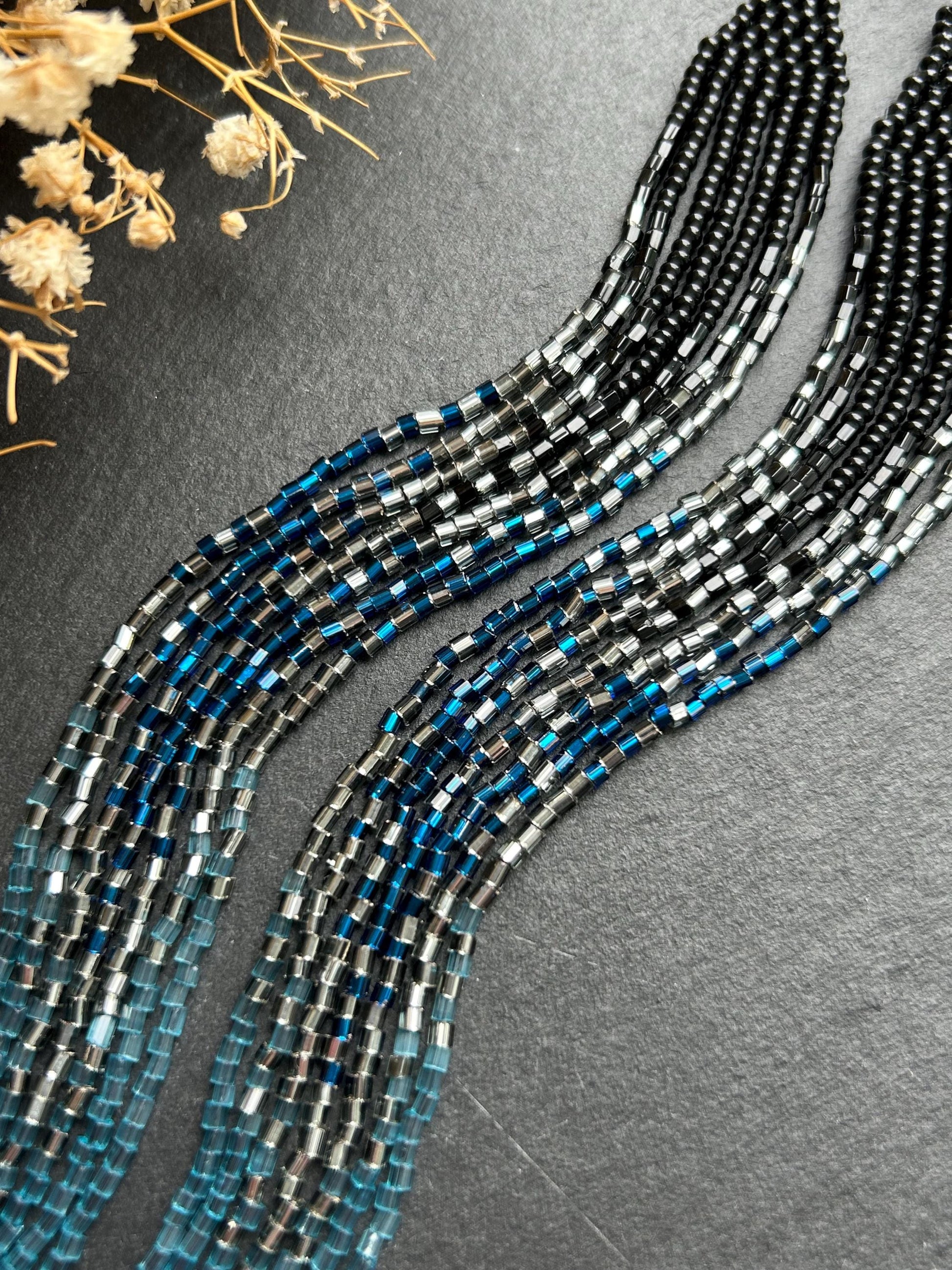 Long handmade black beaded earrings with blue gray ombre and flowing fringe. Boho statement jewelry, unique accessory for elegant style image 4