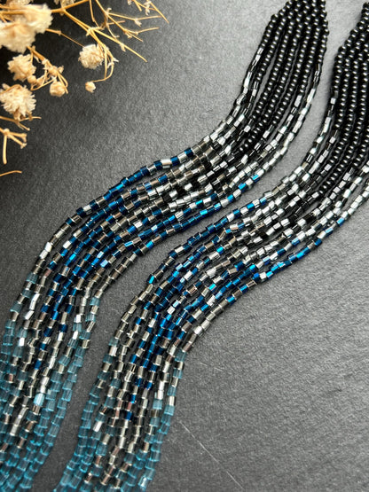 Long handmade black beaded earrings with blue gray ombre and flowing fringe. Boho statement jewelry, unique accessory for elegant style image 4
