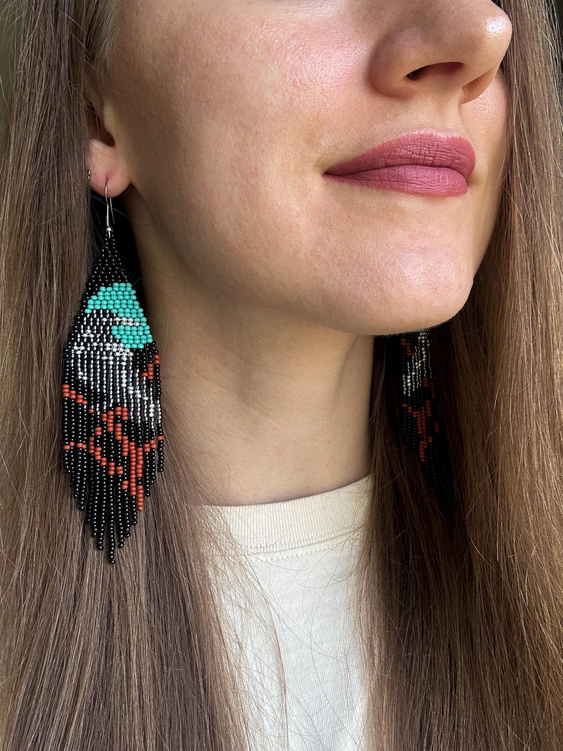 Long black beaded fringe earrings featuring gray raven and moon, handmade boho jewelry, perfect unique statement accessory image 2