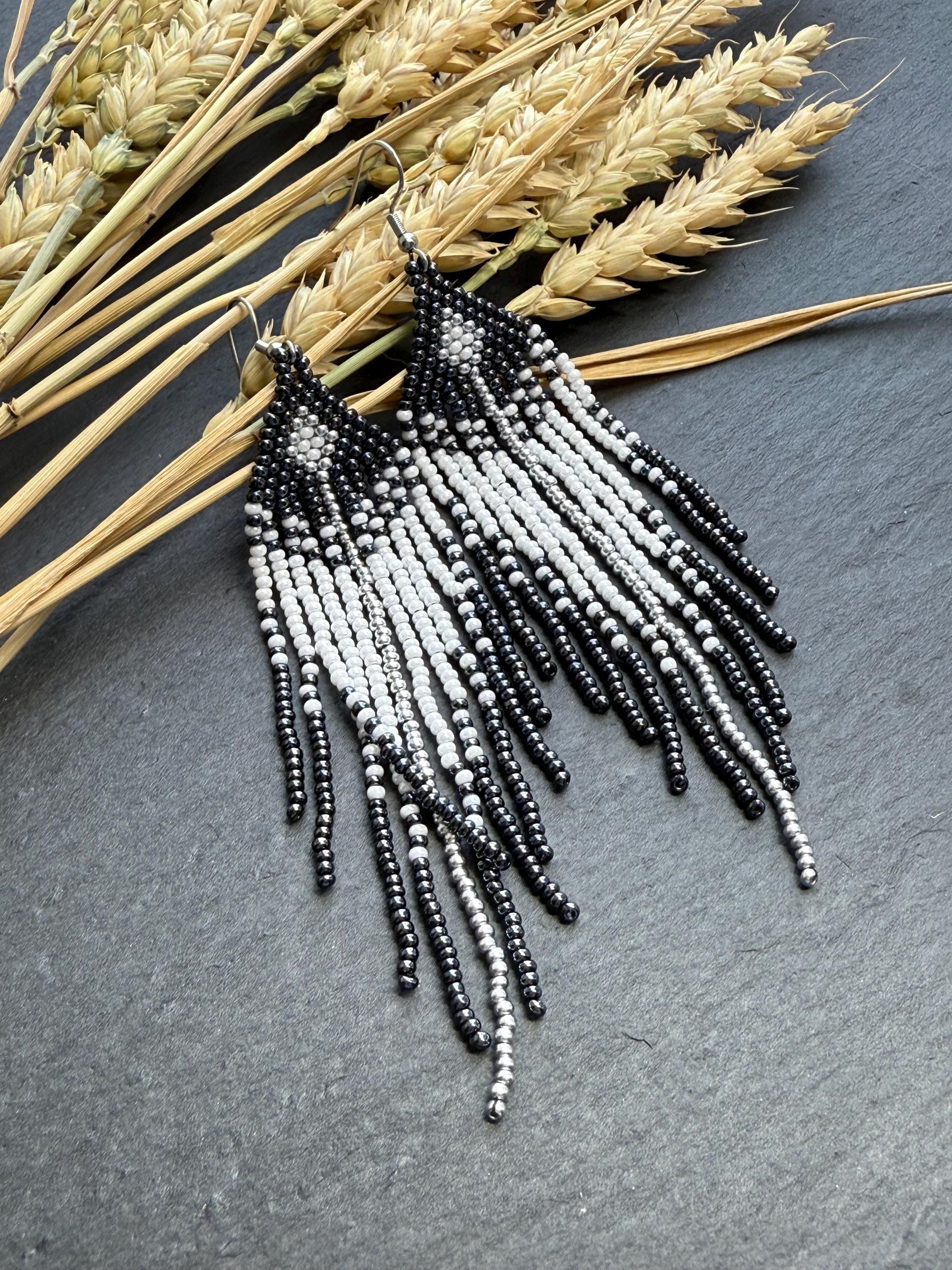 Handmade long black and white beaded fringe earrings in Native American boho style. Statement earrings for women, unique beadwork ethnic design image 1
