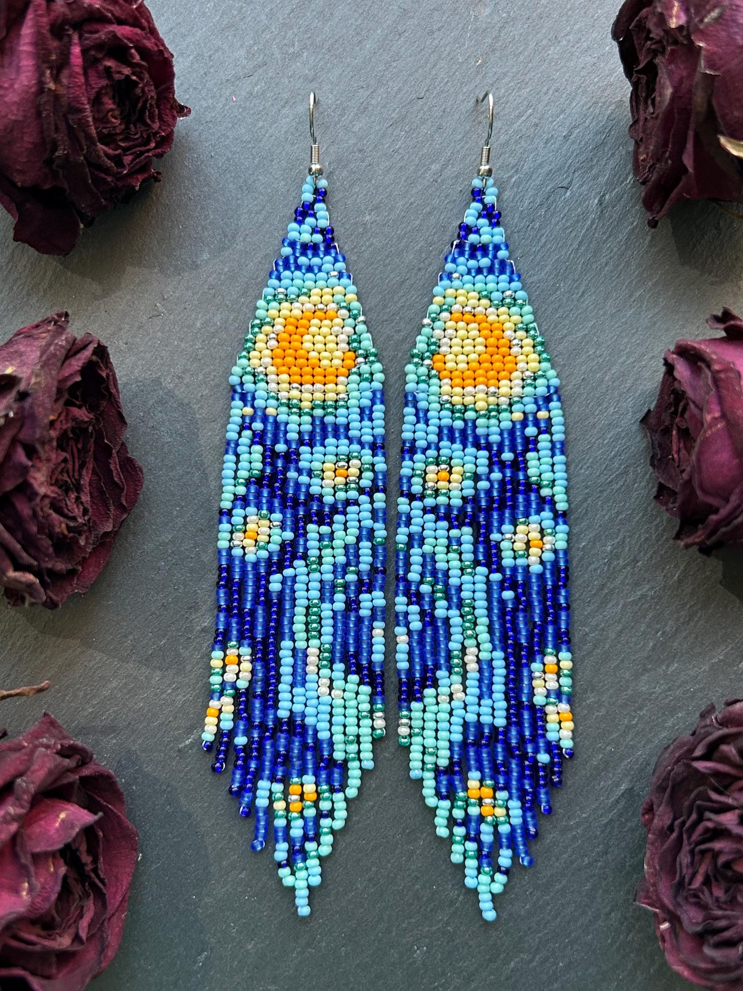 Long handmade “Starry Night” earrings with blue, yellow, and turquoise beads. Unique Boho statement jewelry inspired by Van Gogh, perfect for creative and artistic style image 9