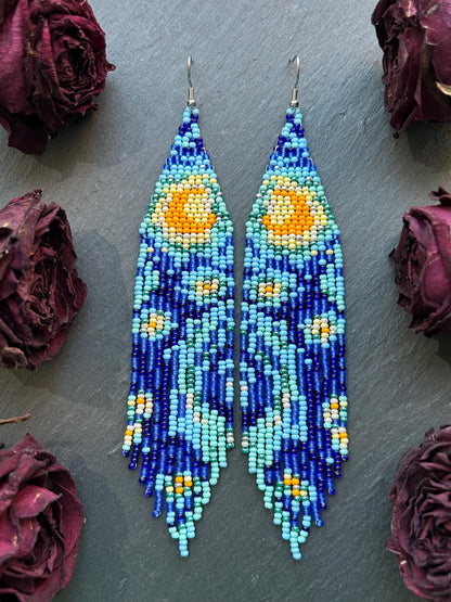 Long handmade “Starry Night” earrings with blue, yellow, and turquoise beads. Unique Boho statement jewelry inspired by Van Gogh, perfect for creative and artistic style image 9