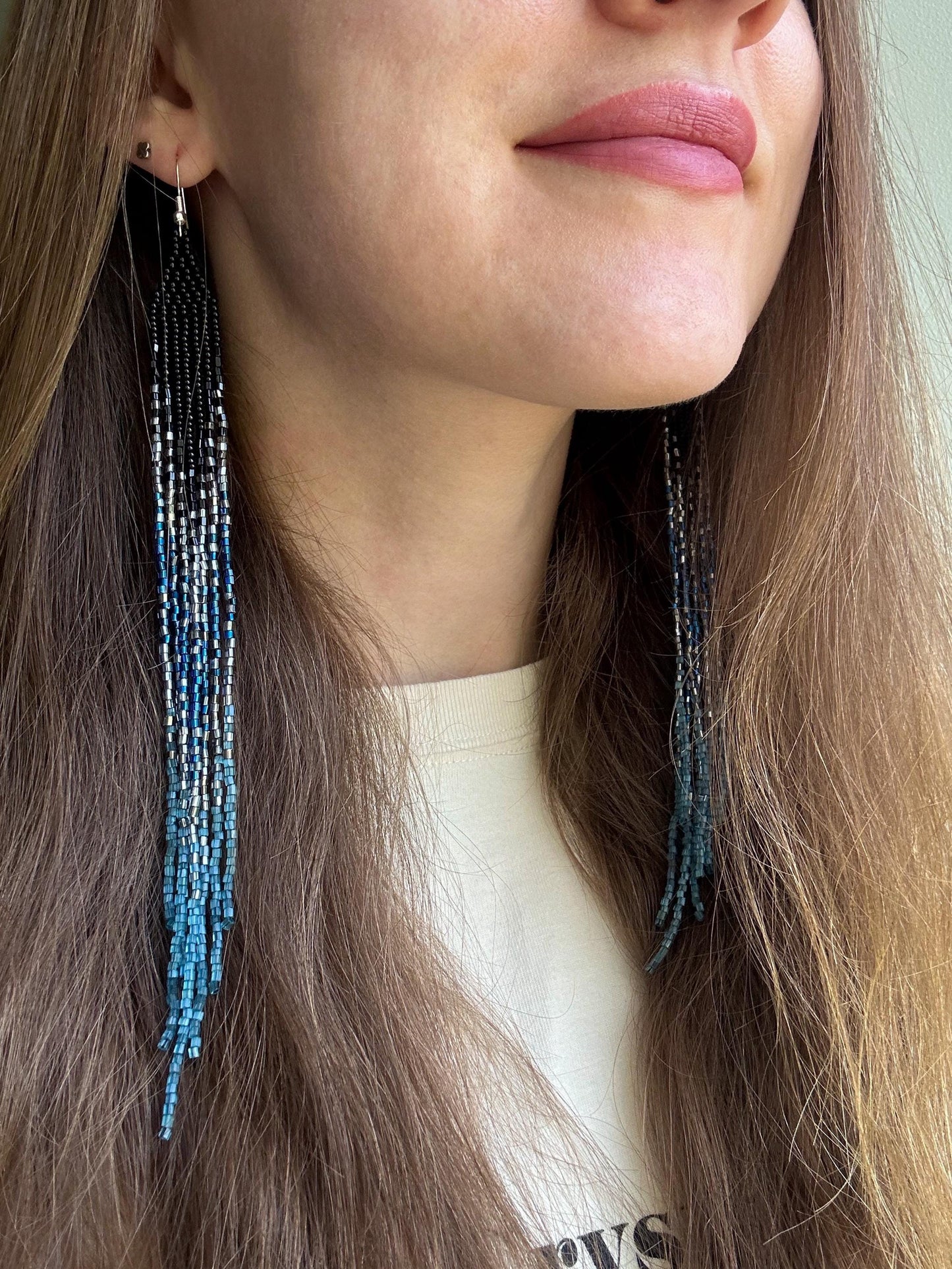 Long handmade black beaded earrings with blue gray ombre and flowing fringe. Boho statement jewelry, unique accessory for elegant style image 2