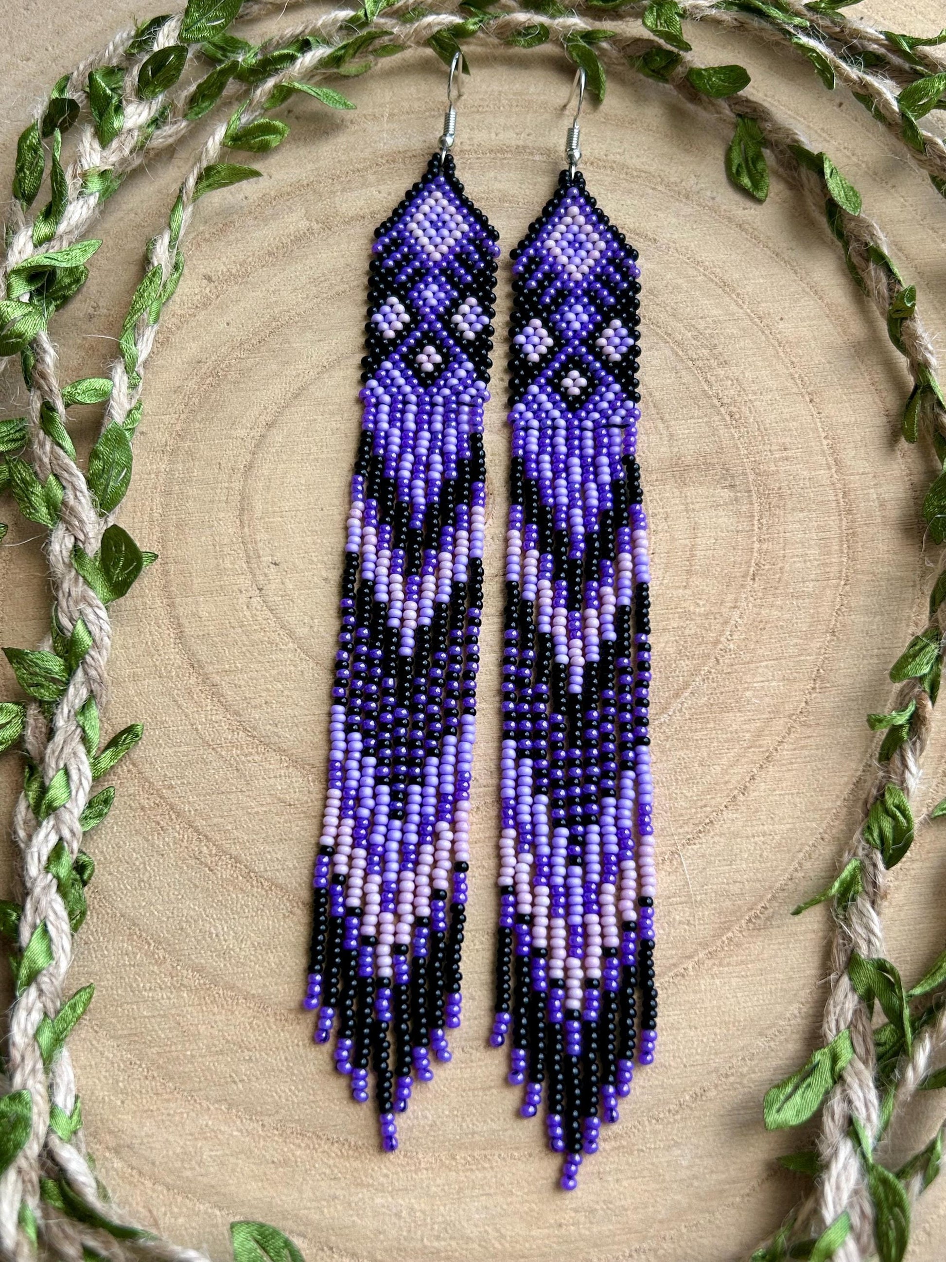 Handmade long black and purple native American beaded earrings with ethnic design and fringe. Cute statement earrings for women, unique gift for her image 6