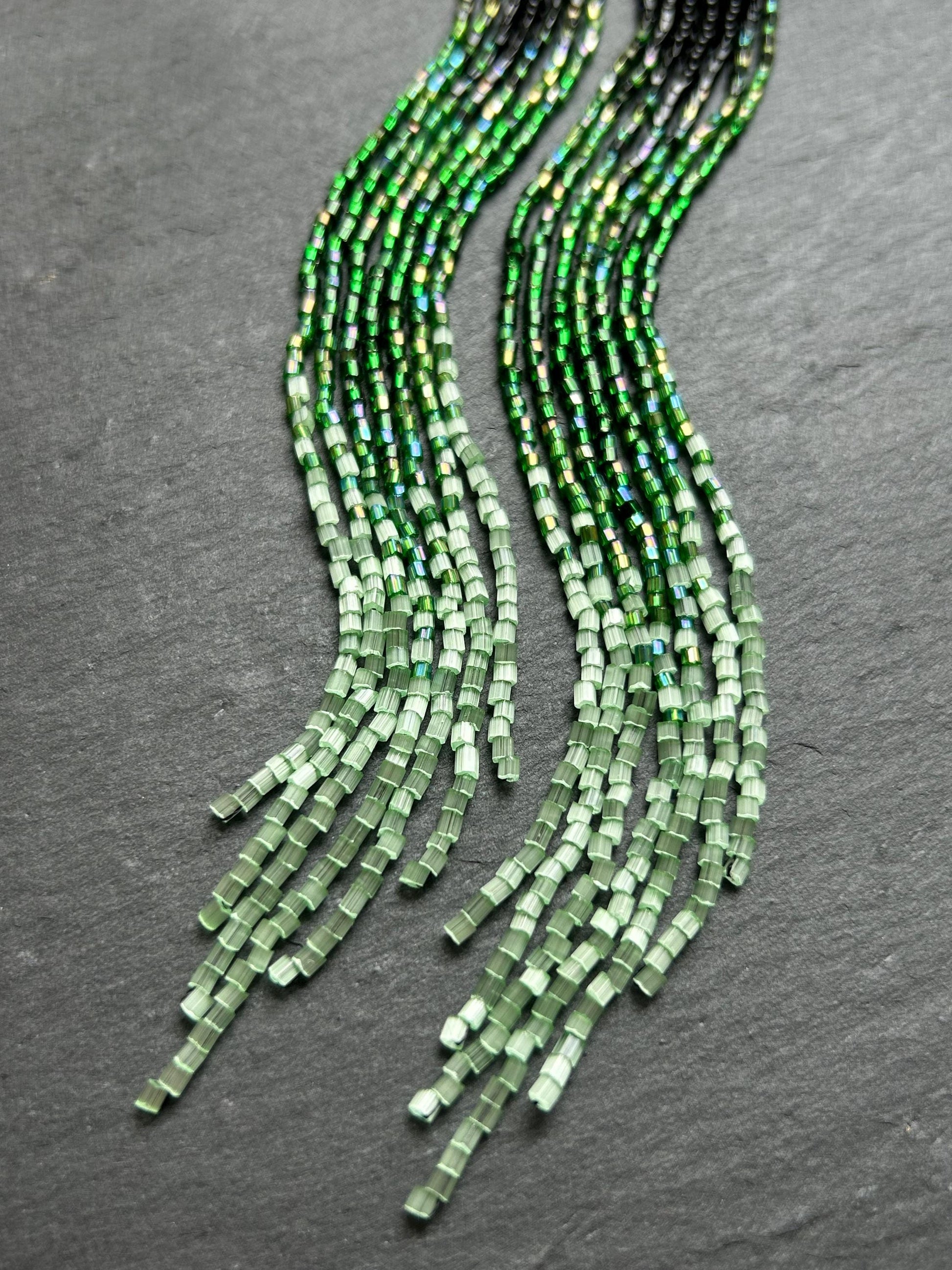 Handmade long black and green beaded earrings with ombre effect and fringe. Unique boho statement earrings for women, vibrant, stylish, and perfect gift image 6