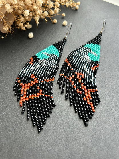 Long black beaded fringe earrings featuring gray raven and moon, handmade boho jewelry, perfect unique statement accessory image 8