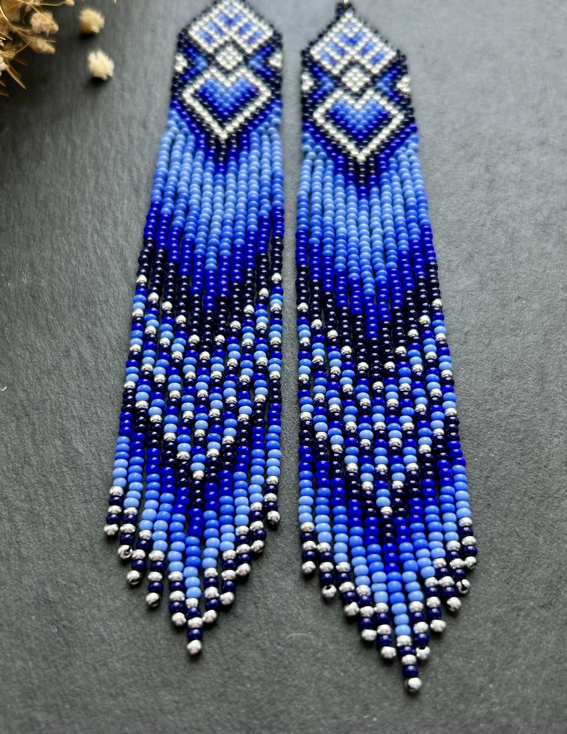 Handmade long blue beaded boho earrings with fringe and silver accents. Native style statement jewelry, unique artisanal accessory for bold style image 4
