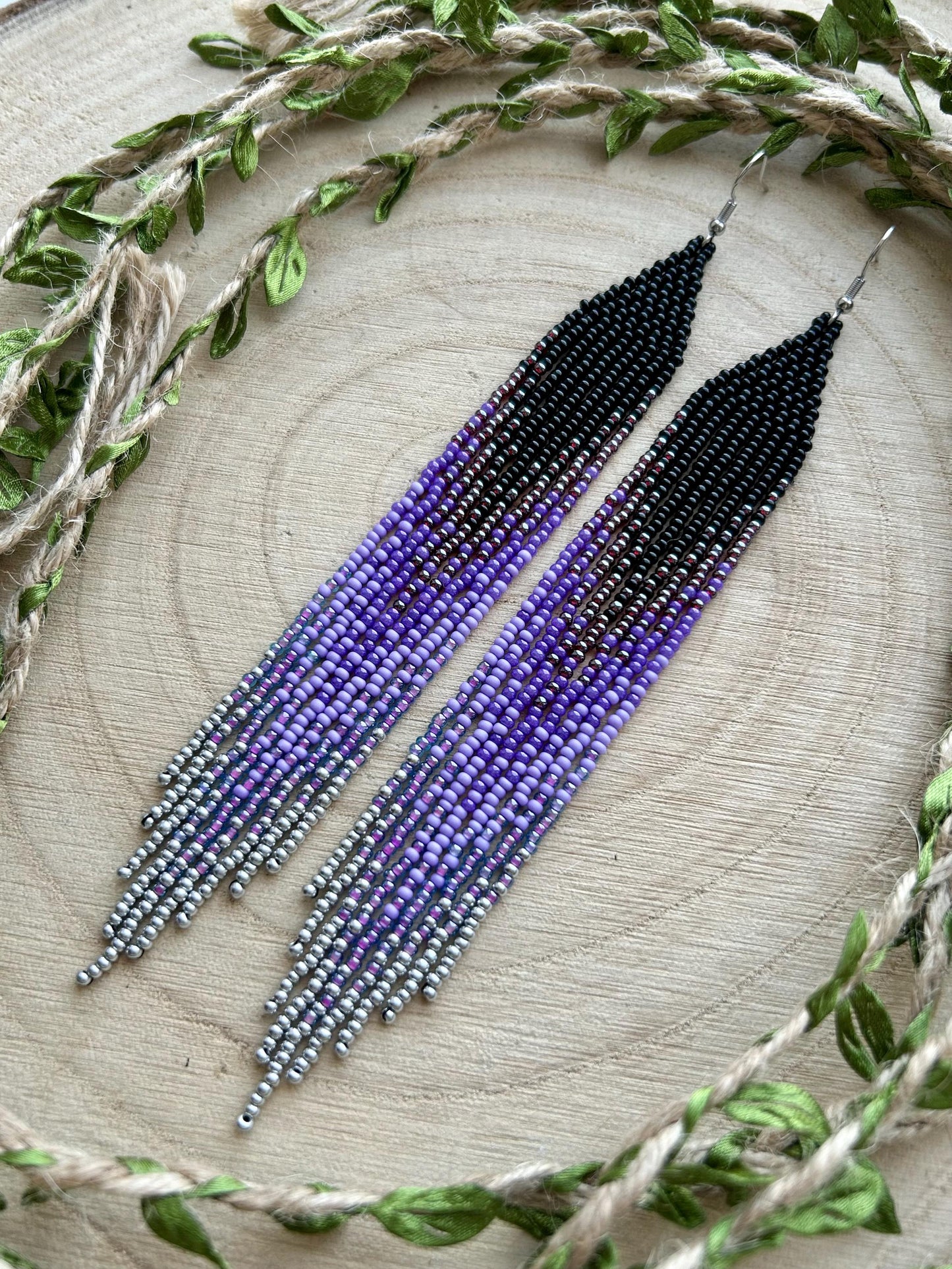 Long black beaded earrings in purple ombré style with fringe and silver tips. Handmade boho jewelry that is unique, vibrant, and adds elegance and movement  image 9