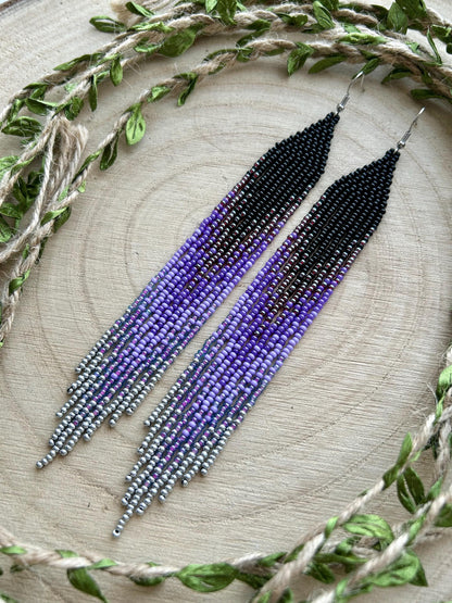 Long black beaded earrings in purple ombré style with fringe and silver tips. Handmade boho jewelry that is unique, vibrant, and adds elegance and movement  image 9