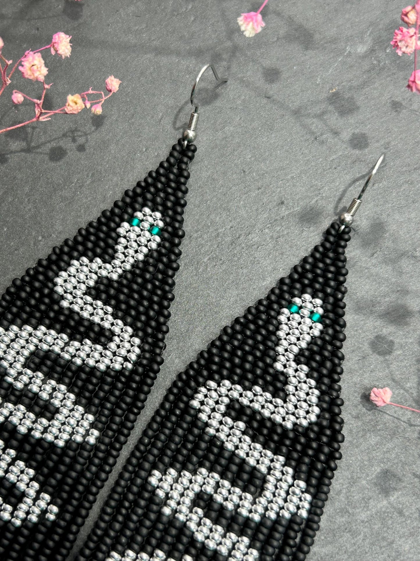 Handmade long black beaded earrings with silver snake design and boho fringe. Unique statement jewelry, elegant contrast, perfect gift for lovers of artisan style image 3