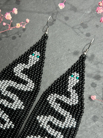 Handmade long black beaded earrings with silver snake design and boho fringe. Unique statement jewelry, elegant contrast, perfect gift for lovers of artisan style image 3