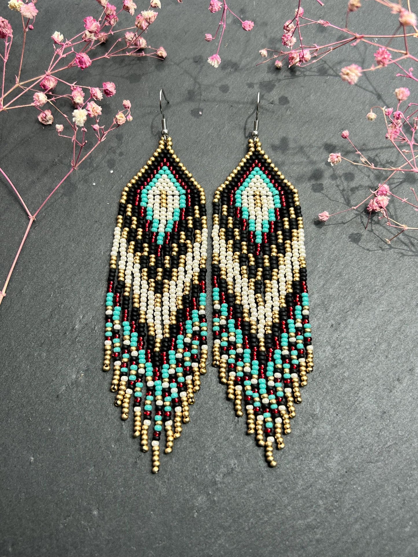 Long Native style beaded earrings with fringe in black, copper, turquoise and red. Handmade ethnic boho jewelry that adds movement and unique style image 3