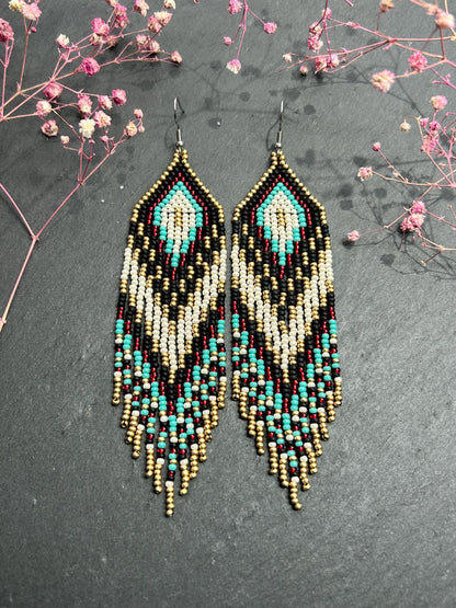 Long Native style beaded earrings with fringe in black, copper, turquoise and red. Handmade ethnic boho jewelry that adds movement and unique style image 3