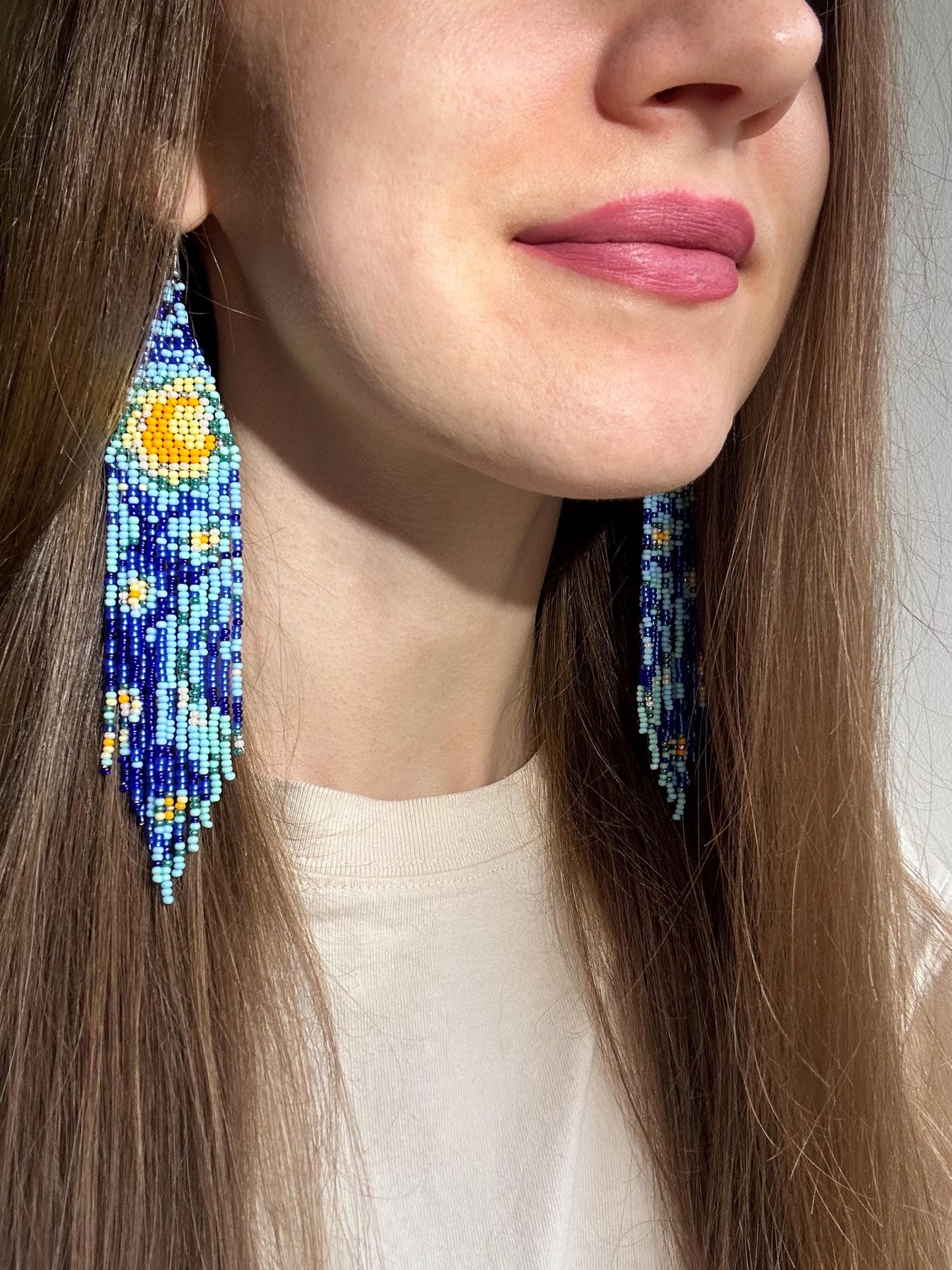 Long handmade “Starry Night” earrings with blue, yellow, and turquoise beads. Unique Boho statement jewelry inspired by Van Gogh, perfect for creative and artistic style image 2