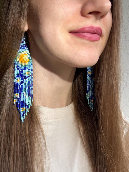 Long handmade “Starry Night” earrings with blue, yellow, and turquoise beads. Unique Boho statement jewelry inspired by Van Gogh, perfect for creative and artistic style image 2