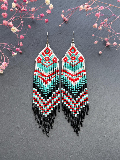 Handmade long bright beaded fringe earrings in red, black and turquoise. Native American motif, boho statement dangle earrings for women, unique gift for her image 3