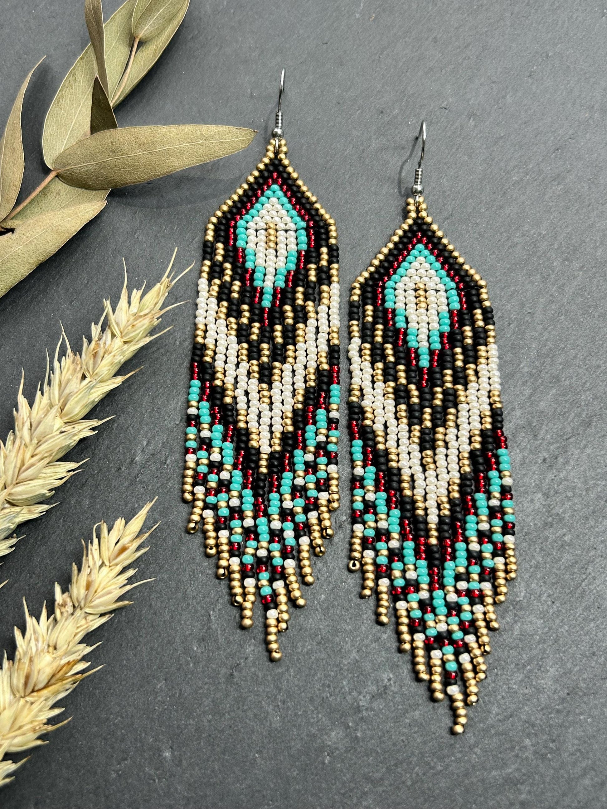 Long Native style beaded earrings with fringe in black, copper, turquoise and red. Handmade ethnic boho jewelry that adds movement and unique style image 9