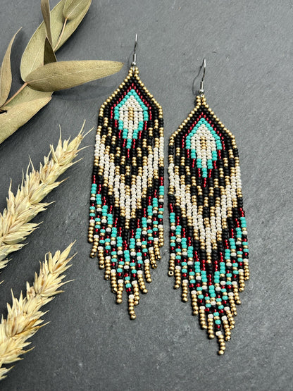 Long Native style beaded earrings with fringe in black, copper, turquoise and red. Handmade ethnic boho jewelry that adds movement and unique style image 9