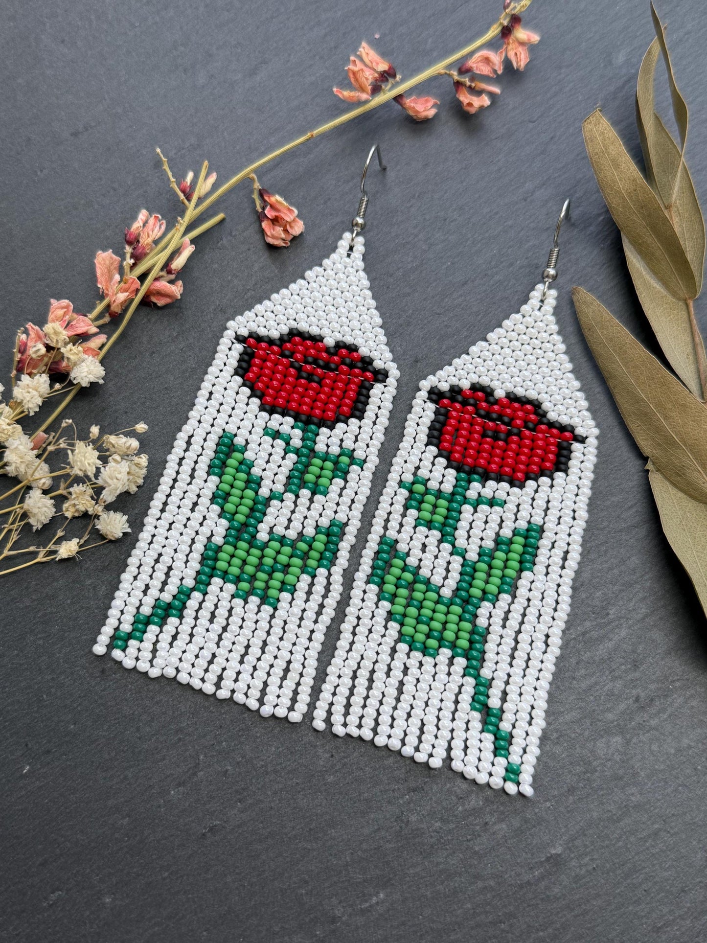 Unique long white beaded earrings with bright red rose and boho fringe. Handmade modern statement earrings for women, perfect gift for her image 7