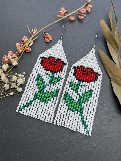 Unique long white beaded earrings with bright red rose and boho fringe. Handmade modern statement earrings for women, perfect gift for her image 7