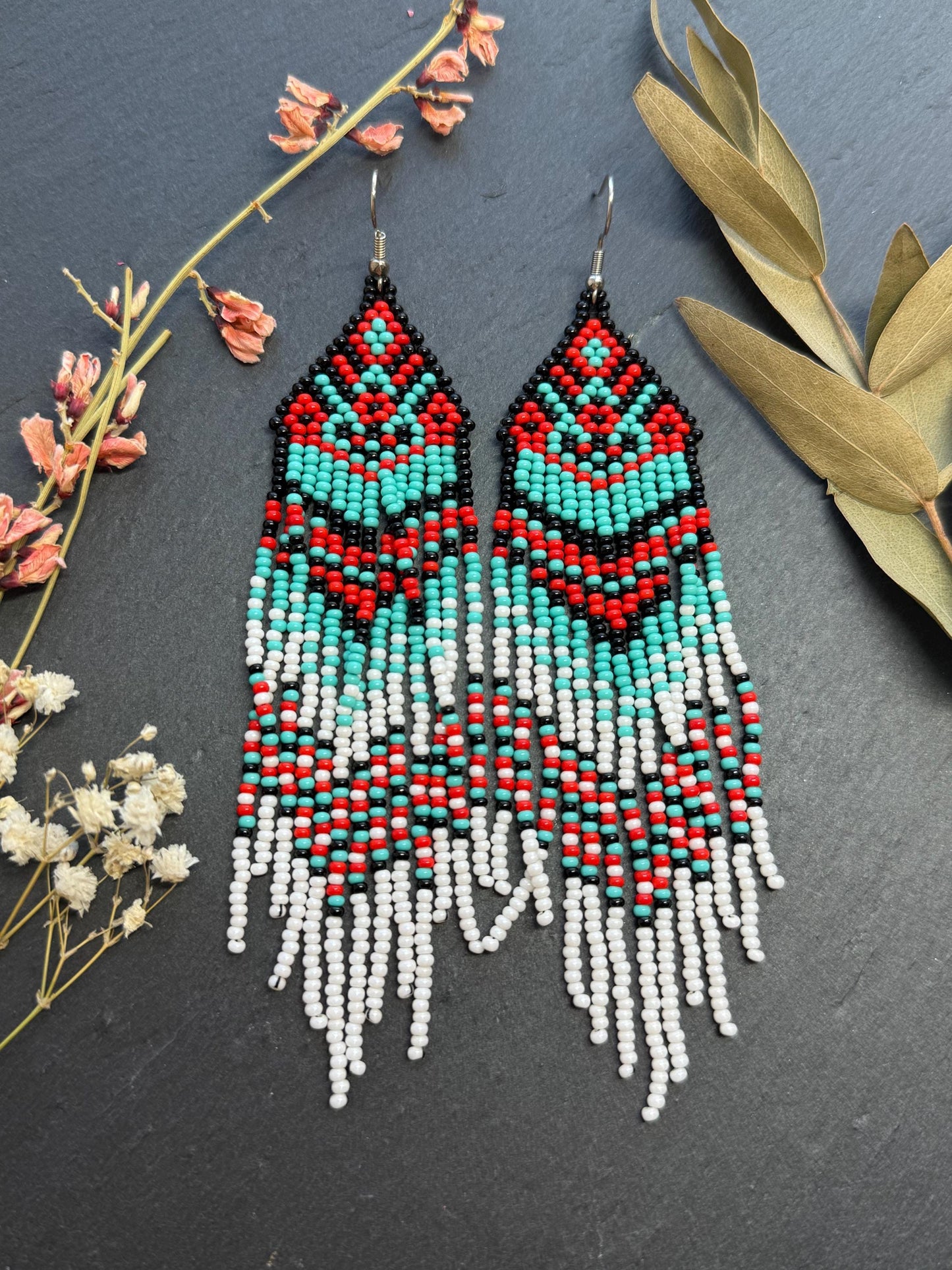 Handmade long beaded fringe earrings in red, black and turquoise with Native American motif. Boho statement dangle earrings for women, unique gift for her image 1