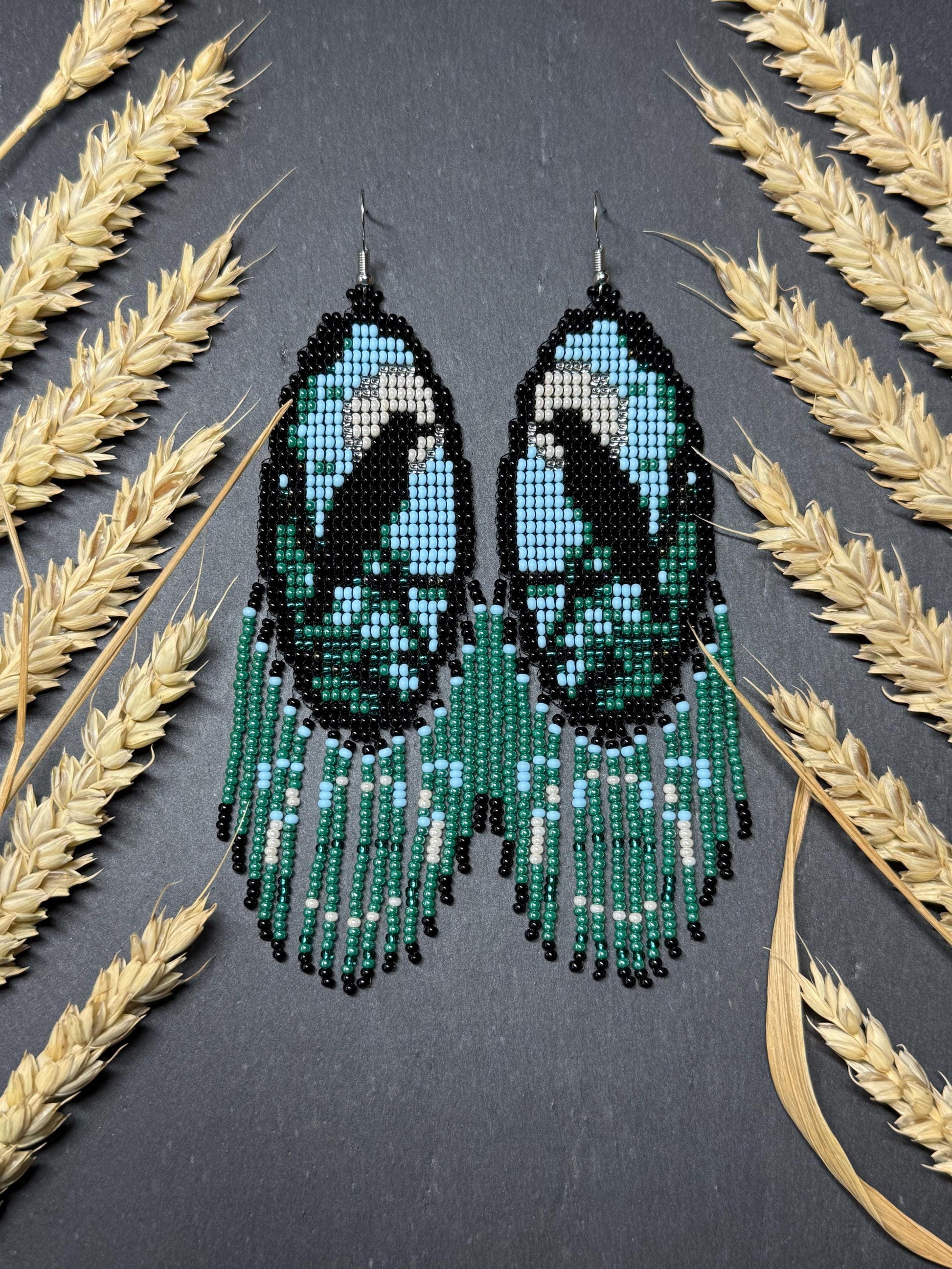 Long handmade beaded earrings in black, green, blue and beige featuring a raven and moon design with fringe. Boho statement jewelry, unique gift for her image 13