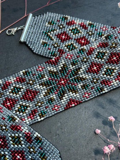 Unique handmade beaded choker necklace with green star and red details. Boho ethnic statement choker, perfect for festival, party, or everyday bohemian style  image 7