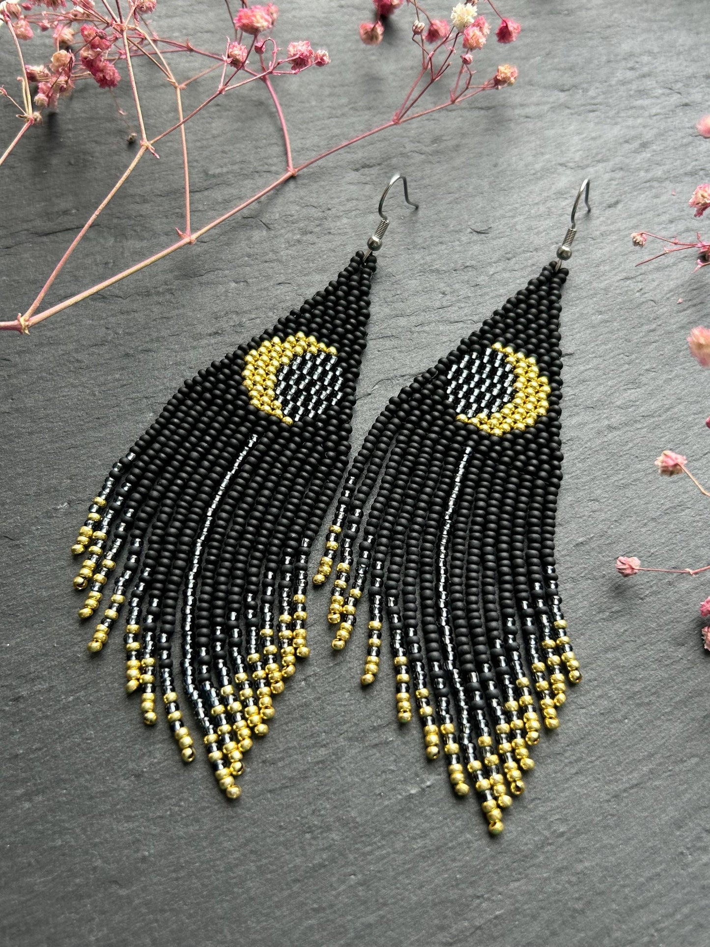 Handmade long black beaded earrings with golden lunar eclipse design and boho fringe. Unique statement jewelry image 7