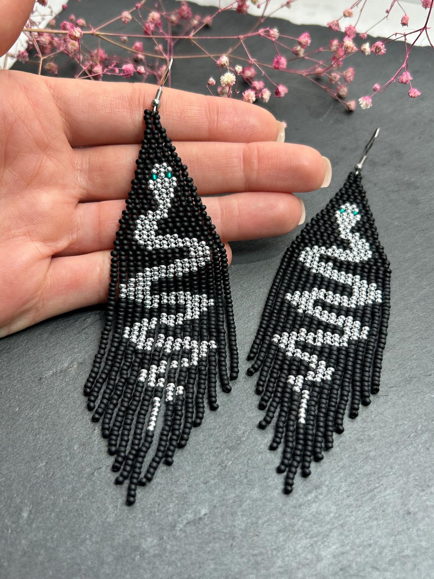 Handmade long black beaded earrings with silver snake design and boho fringe. Unique statement jewelry, elegant contrast, perfect gift for lovers of artisan style image 5