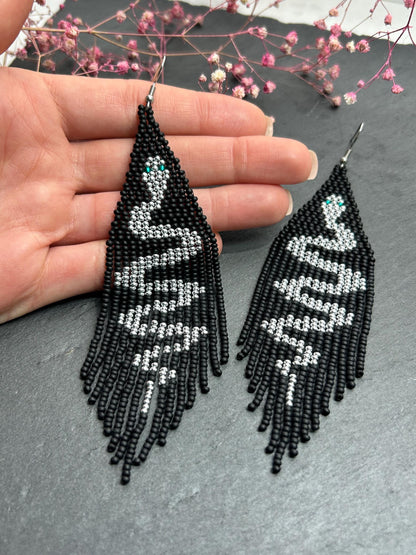 Handmade long black beaded earrings with silver snake design and boho fringe. Unique statement jewelry, elegant contrast, perfect gift for lovers of artisan style image 5