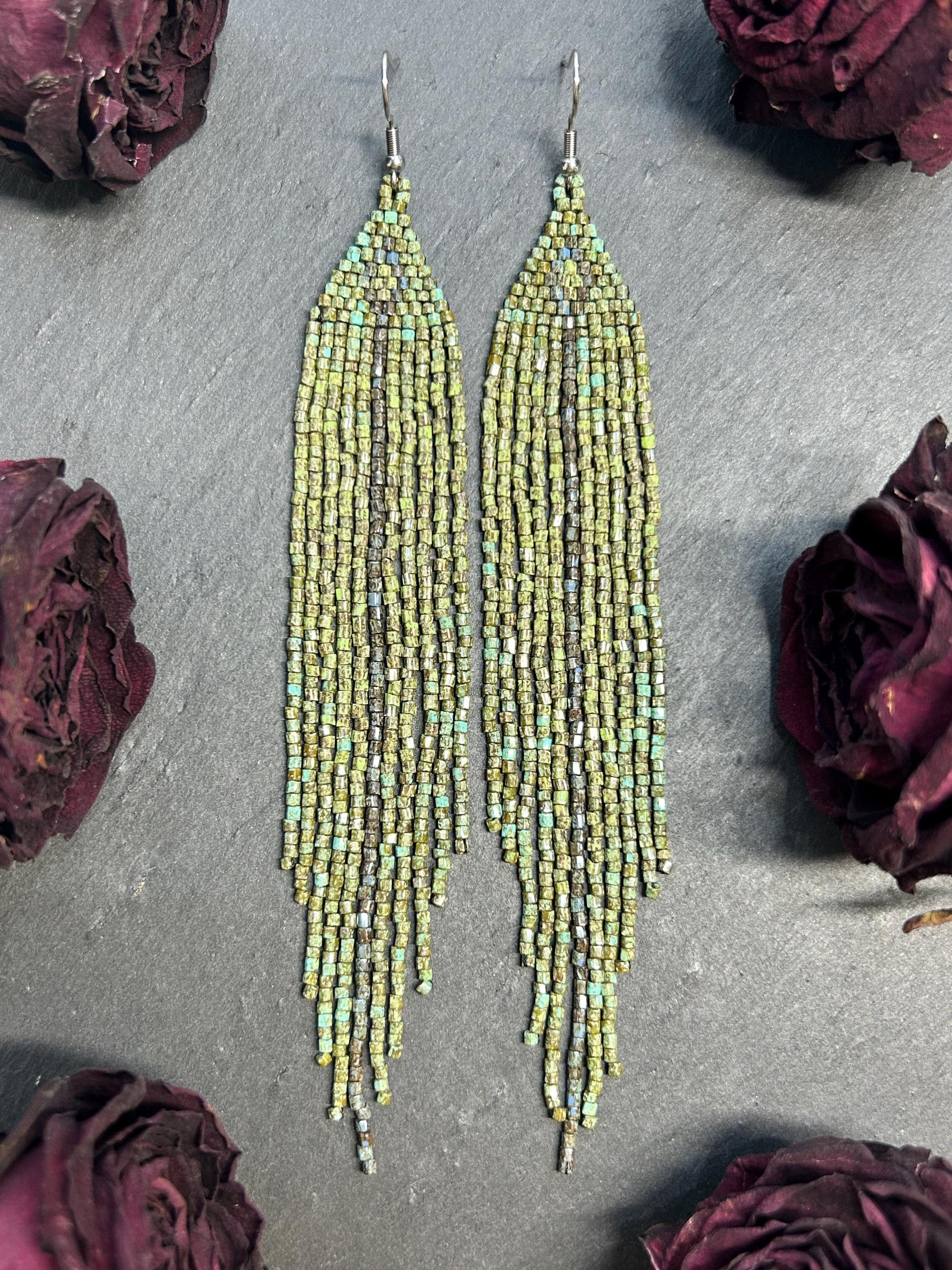 Long handmade green beaded earrings with fringe. Boho statement jewelry in natural shades, unique accessory for minimalist and artistic style image 9