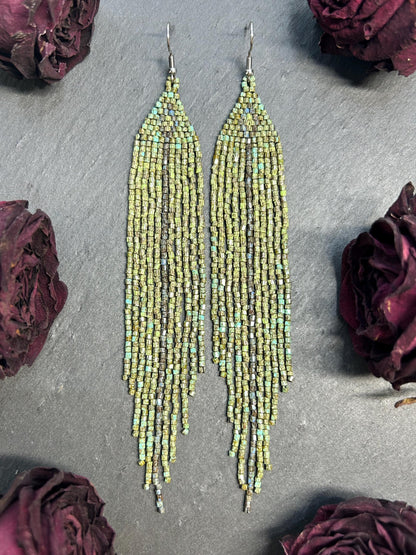 Long handmade green beaded earrings with fringe. Boho statement jewelry in natural shades, unique accessory for minimalist and artistic style image 9