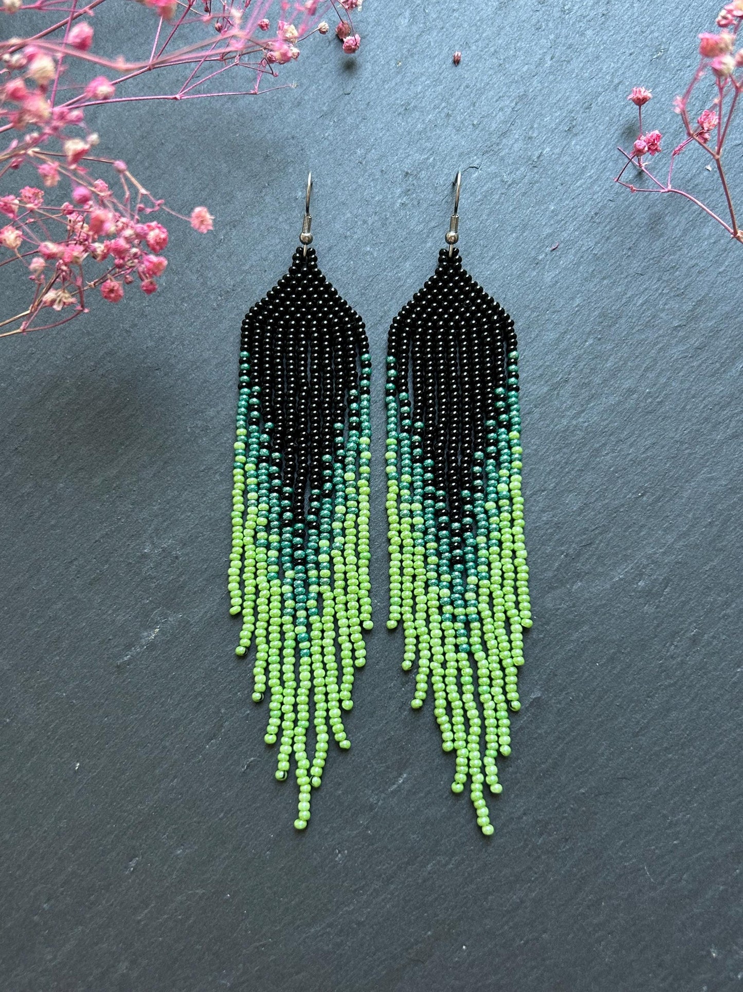 Long ombre beaded earrings in black and green with delicate fringe. Unique handmade jewelry for women, combining modern style with effortless elegance image 2