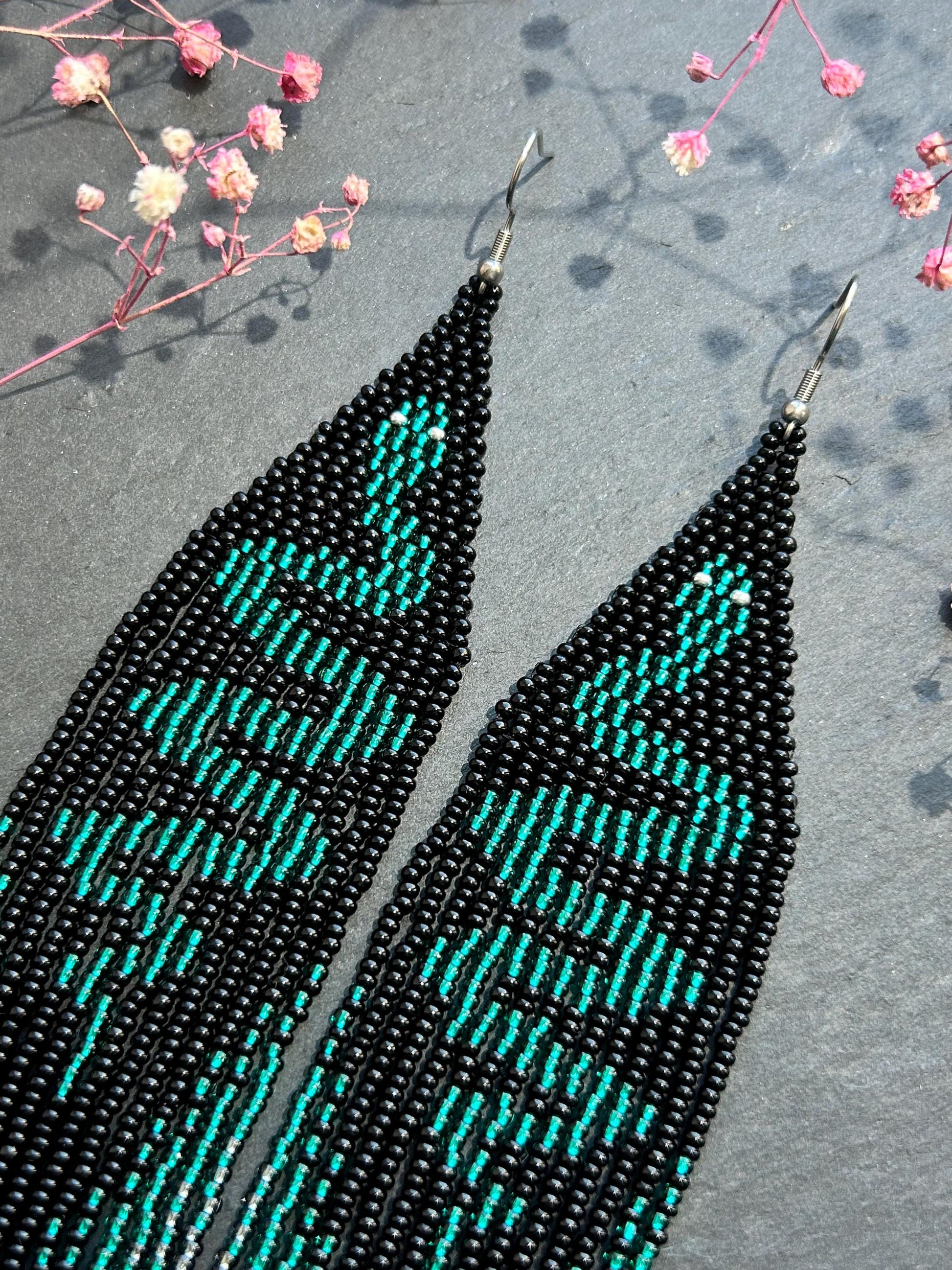Handmade long beaded earrings with green snake design in boho style. Unique statement jewelry with fringe, perfect gift and standout accessory for any look image 4