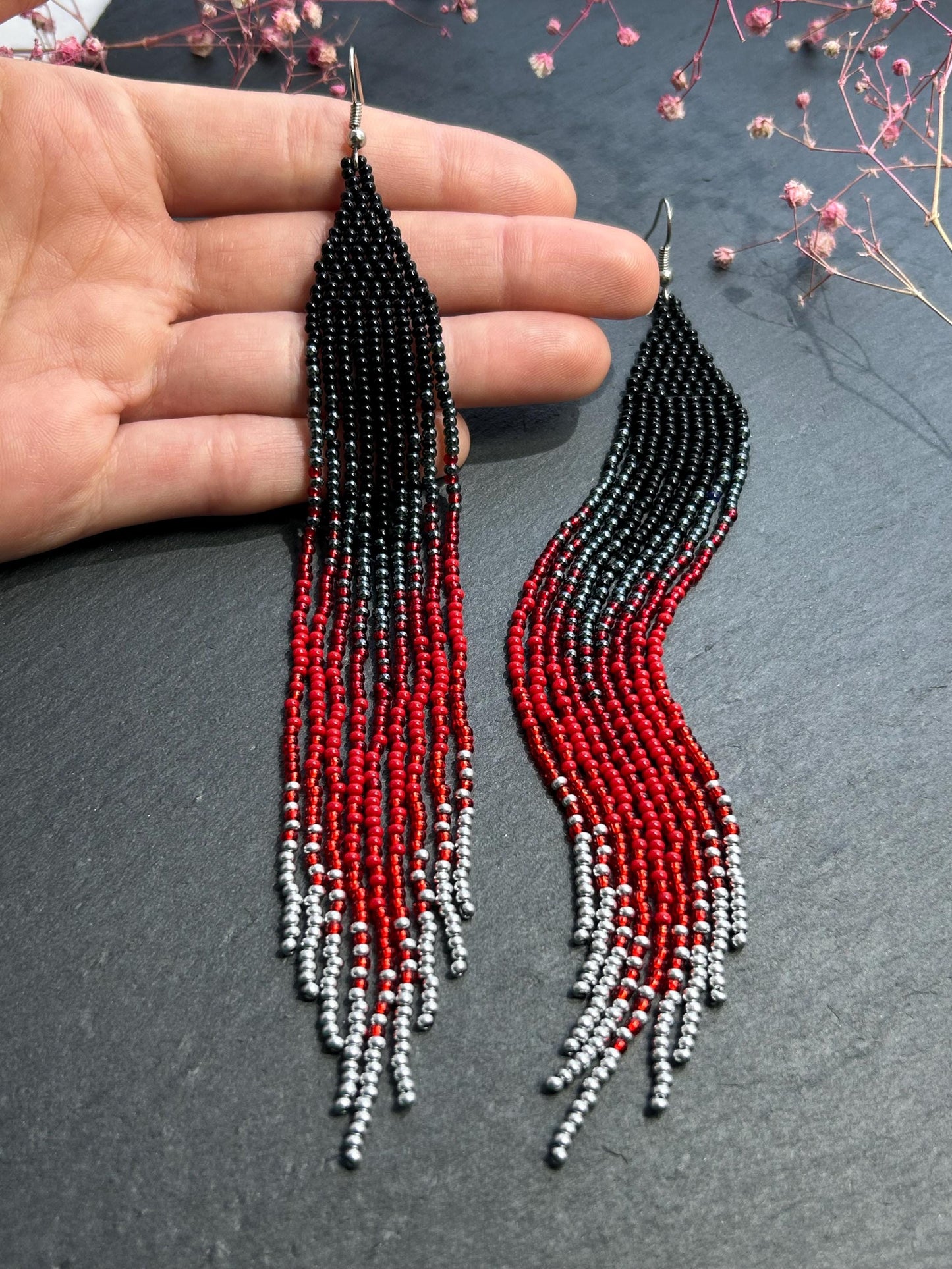 Long black and red ombre handmade beaded earrings with flowing fringe. Unique boho statement jewelry, perfect gift for women image 5