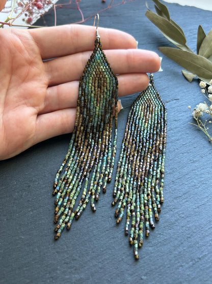 Handmade long beaded earrings in turquoise, green, and brown with fringe. Native American boho statement jewelry, unique artisanal accessory and perfect gift image 7
