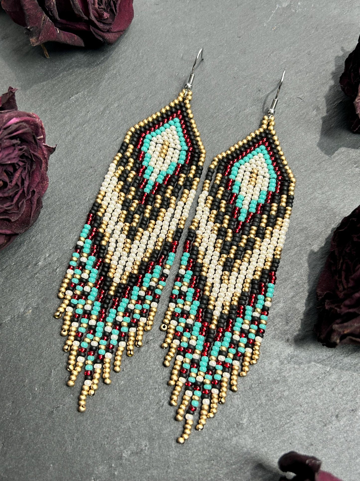 Long Native style beaded earrings with fringe in black, copper, turquoise and red. Handmade ethnic boho jewelry that adds movement and unique style image 11