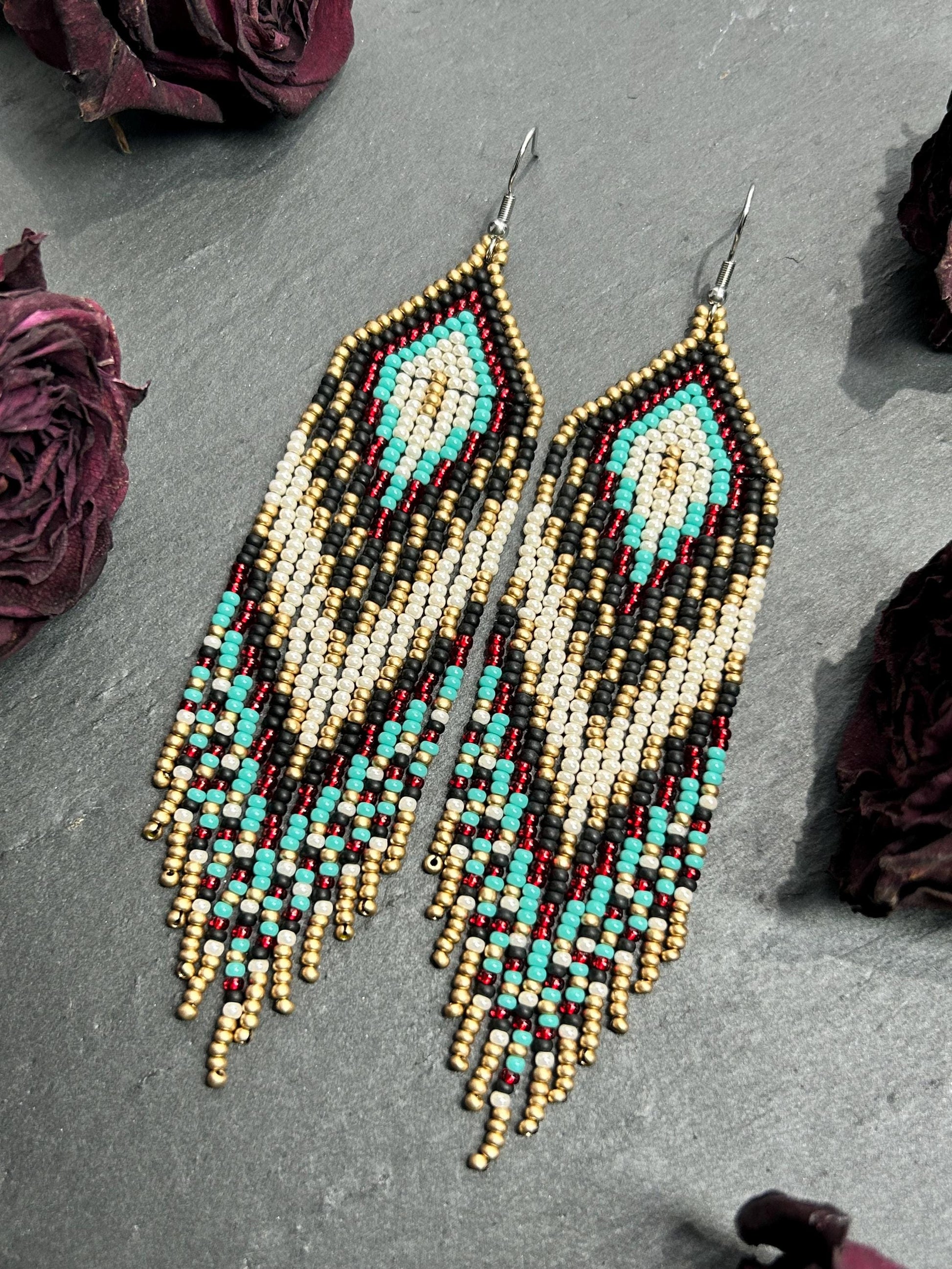Long Native style beaded earrings with fringe in black, copper, turquoise and red. Handmade ethnic boho jewelry that adds movement and unique style image 11