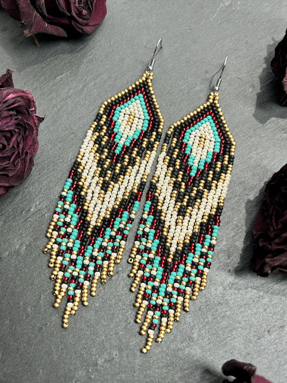 Long Native style beaded earrings with fringe in black, copper, turquoise and red. Handmade ethnic boho jewelry that adds movement and unique style image 11