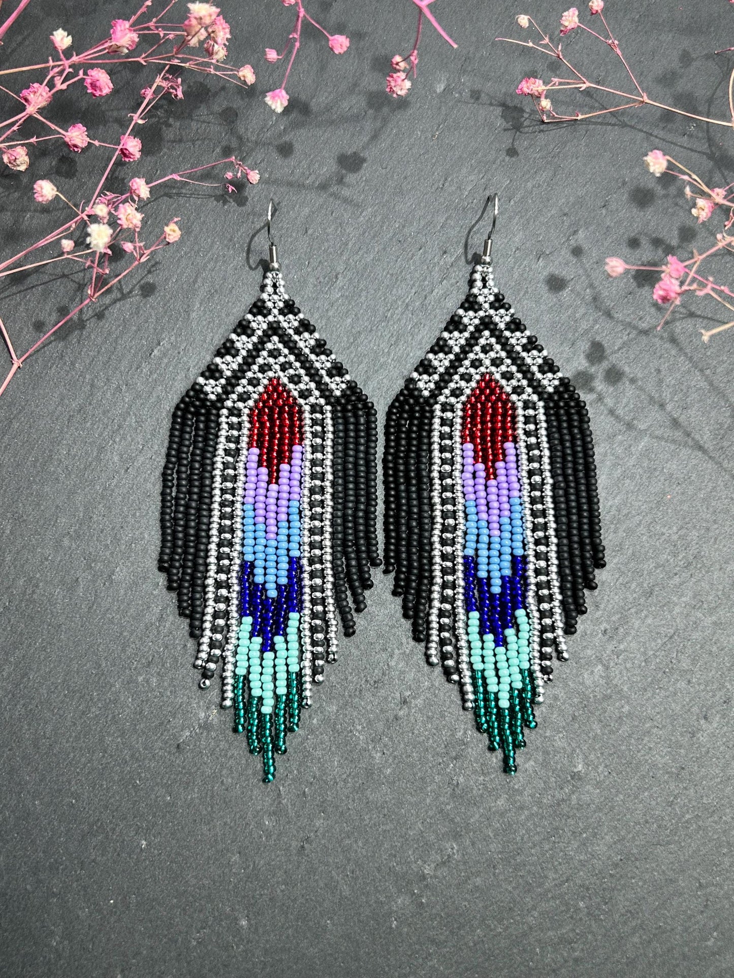 Handmade long black beaded earrings with silver, red, purple and green accents in Native American style. Bright statement boho fringe earrings, perfect gift for women image 1