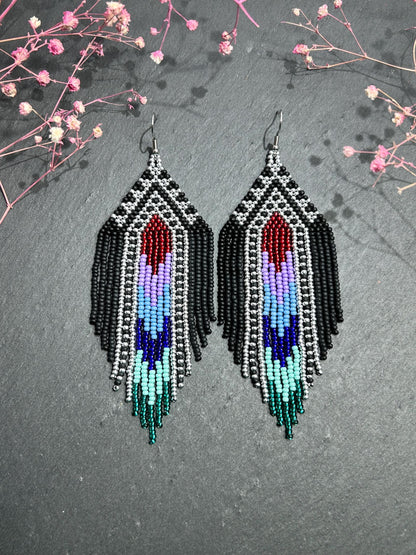 Handmade long black beaded earrings with silver, red, purple and green accents in Native American style. Bright statement boho fringe earrings, perfect gift for women image 1
