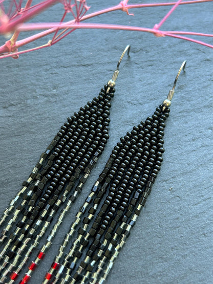 Handmade long beaded earrings in black, gray, and red ombre with flowing fringe. Boho statement jewelry, unique gift for lovers of artisan style image 6