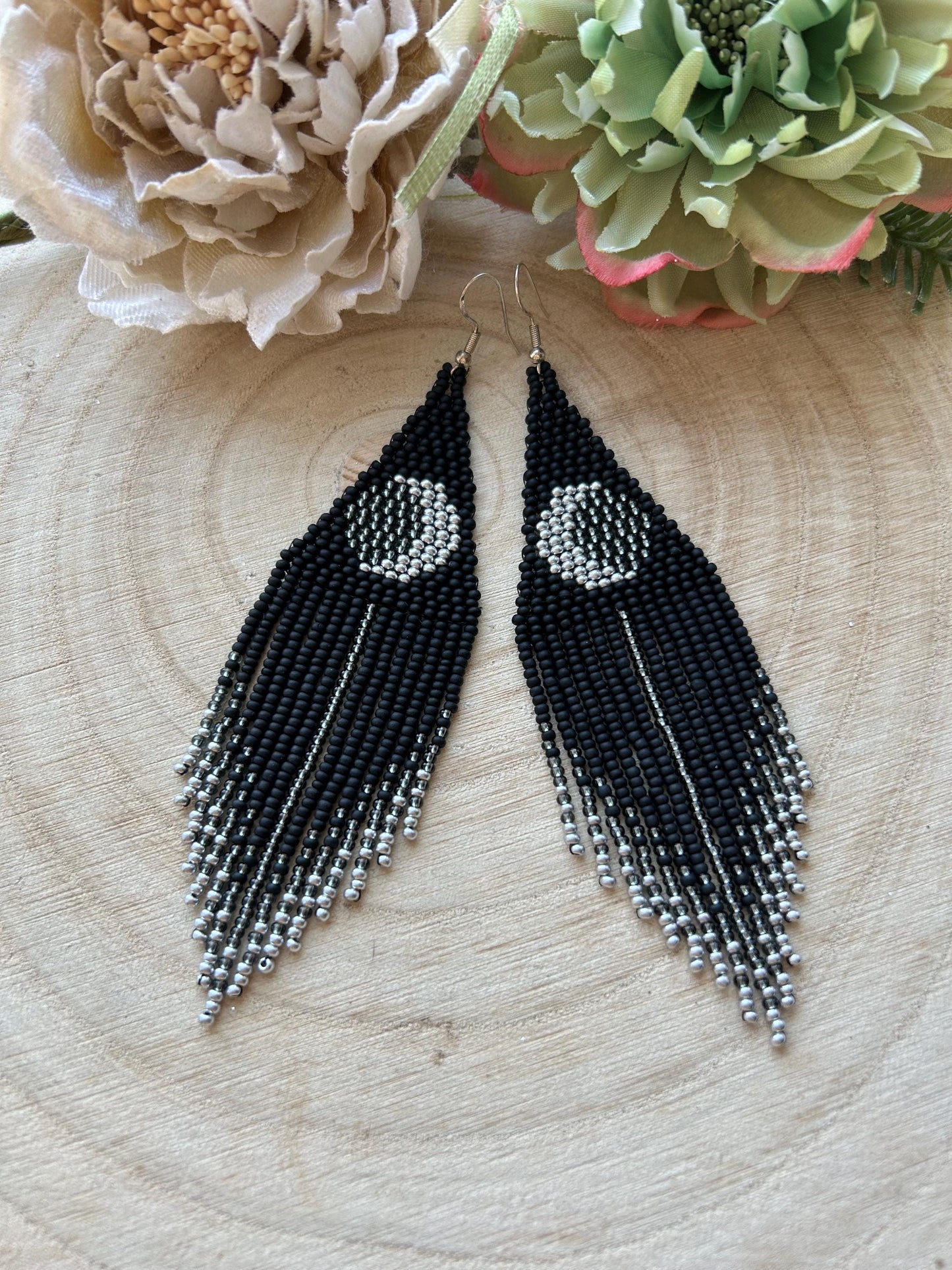 Unique handmade black beaded earrings with silver lunar eclipse motif and fringe. Boho celestial statement jewelry for mystical and artistic style image 8