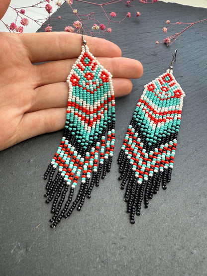 Handmade long bright beaded fringe earrings in red, black and turquoise. Native American motif, boho statement dangle earrings for women, unique gift for her image 6