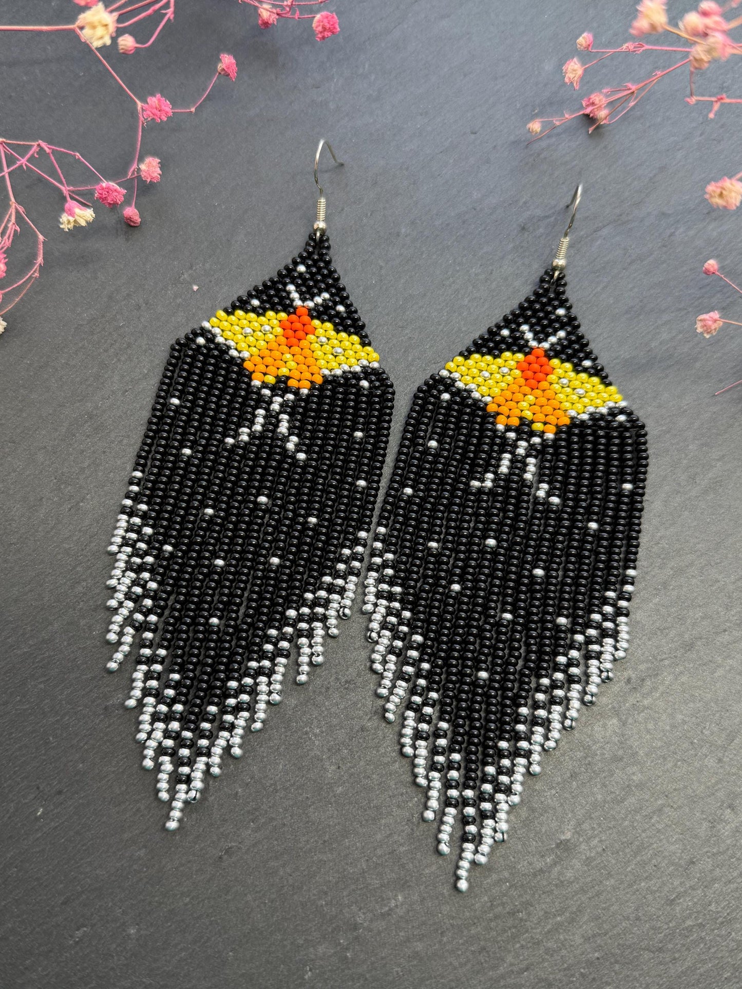 Handmade black and silver beaded butterfly earrings. Bright yellow butterfly, unique modern boho statement dangle earrings, jewelry gift for women image 3