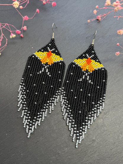 Handmade black and silver beaded butterfly earrings. Bright yellow butterfly, unique modern boho statement dangle earrings, jewelry gift for women image 3