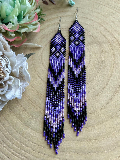 Handmade long black and purple native American beaded earrings with ethnic design and fringe. Cute statement earrings for women, unique gift for her image 9